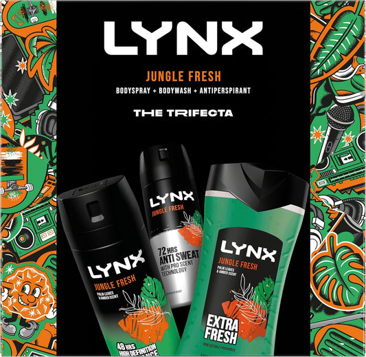 Lynx Jungle Fresh Trifecta Deodorant Gift Set Body Spray, Body Wash + Antiperspirant Perfect Gifts For Him 3 Piece