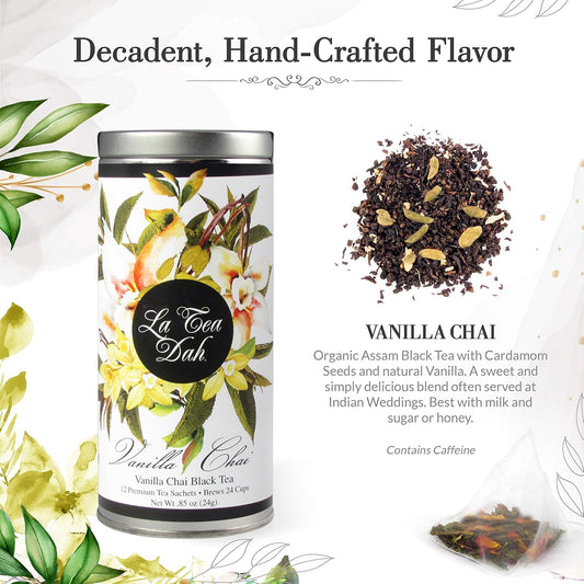 Vanilla Chai Black Tea By La Tea Dah, Premium Spiced Chai Tea Bags Made With Organic Black Tea Leaves, Cardamom, & Vanilla, Floral Tea Gift Collection, Contains Caffeine (12 Sachets)