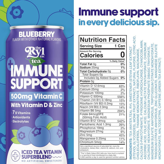 Ryl Immune Support Tea, Blueberry, 500Mg Vitamin With Vitamin D & Zinc, 16.0 Fl Oz (12-Pack)