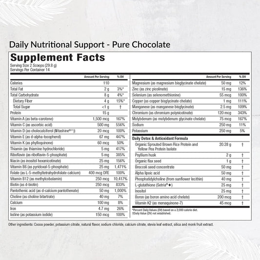 Equilife Daily Nutritional Support, All-In-One Multivitamin Meal Replacement, Pure Chocolate Flavor, 15G Plant Protein, Supports Overall Wellness Including Energy, Digestion, & Skin, 14 Servings