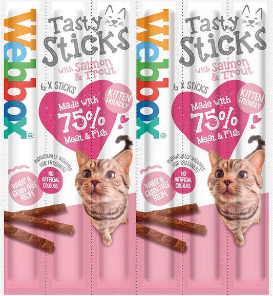 Webbox Tasty Sticks Cat Treats, Salmon and Trout - Kitten Friendly, Wheat and Grain Free, No Artificial Colours (25 x 6 Packs)?5012144410404