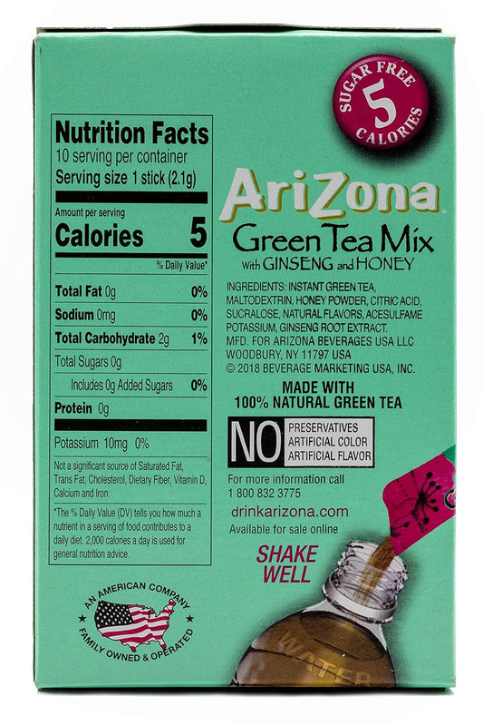 Arizona Green Tea With Ginseng Iced Tea Stix Sugar-Free, Low Calorie Single Serving Drink Powder Packets, Just Add Water For A Deliciously Refreshing Iced Tea Beverage, 10 Count, Pack Of 6