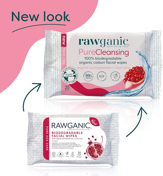 RAWGANIC Pure Cleansing Anti-aging Facial Wipes with Pomegranate and Aloe Vera | Gentle Hydrating Biodegradable Makeup Removal Wipes | Organic Cotton Face Wipes | 4 Packs (100 wipes in total)