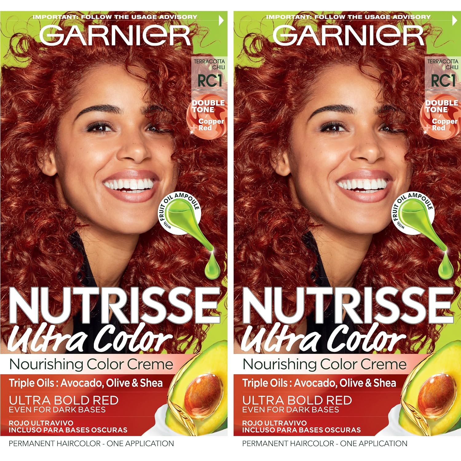 Garnier Hair Color Nutrisse Ultra Color Nourishing Creme, Rc1 Copper Red (Terracotta Chili) Permanent Hair Dye, 2 Count (Packaging May Vary)