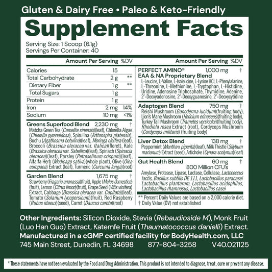 Bodyhealth Greens Enhanced With Perfectamino - Daily Superfood Green Apple Smoothie Powder With Vegetables, Fruit, Antioxidants, Prebiotics, Probiotics, Fiber, And Protein - 40 Servings