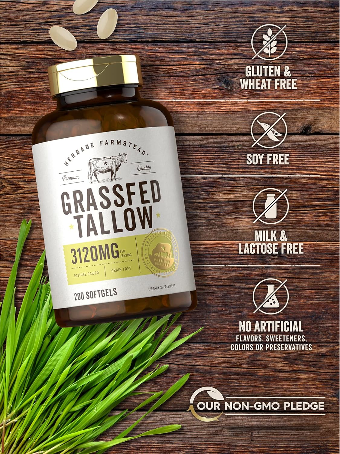 Carlyle Grass Fed Beef Tallow 3120Mg | 200 Softgel Capsules | Pasture Raised Bovine Supplement | Non-Gmo, Gluten Free | By Herbage Farmstead : Health & Household