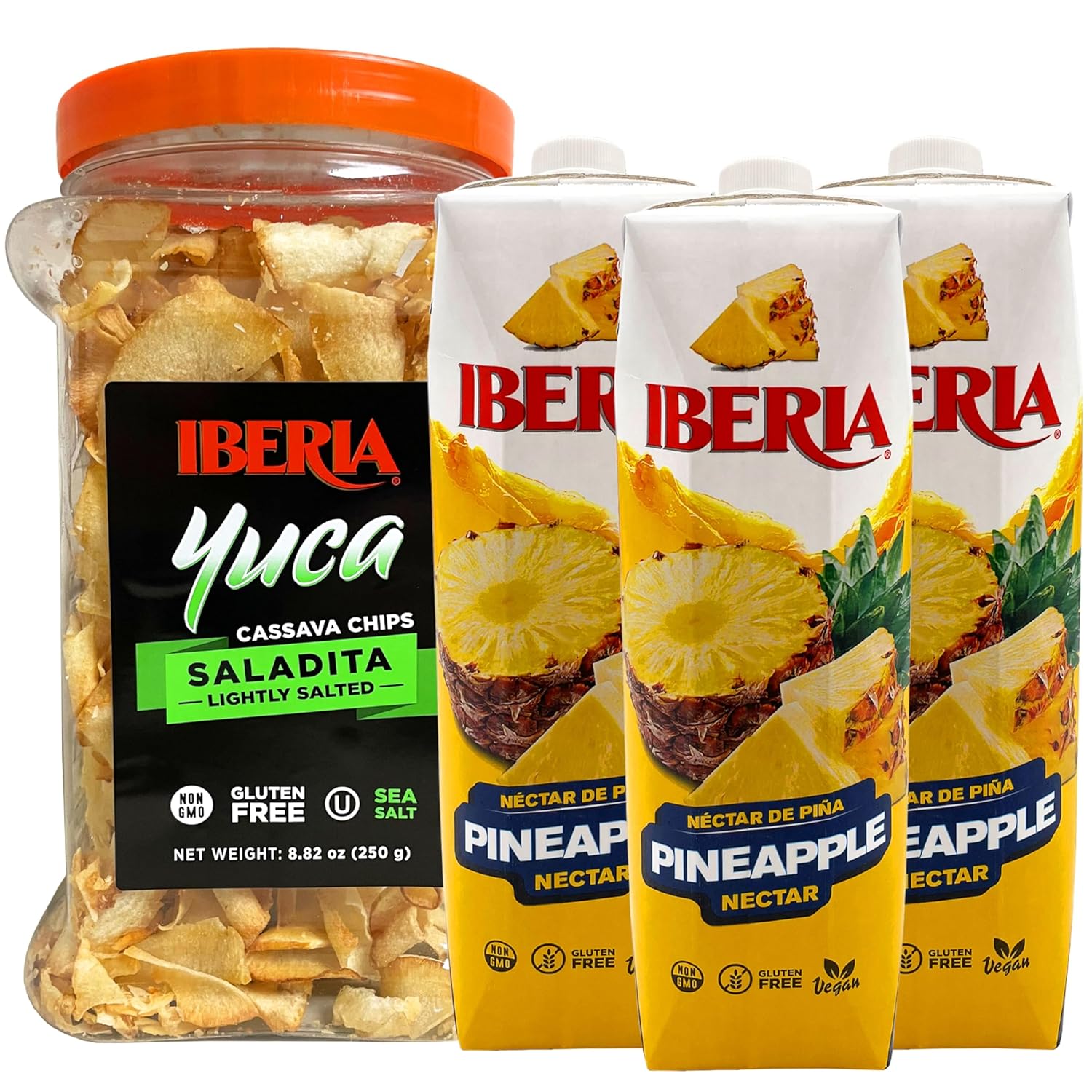 Iberia Yuca/Cassava Chips, 8.8 oz + Iberia Pineapple Nectar, 33.8 Fl Oz, (Pack of 3)