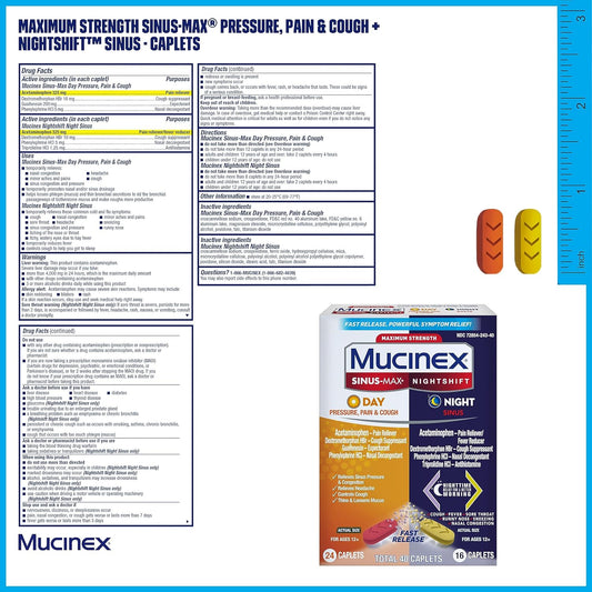 Mucinex Maximum Strength Sinus-Max Pressure, Pain & Cough & Nightshift Sinus Caplets, Fast Release, Powerful Multi-Symptom Relief, 40 Count