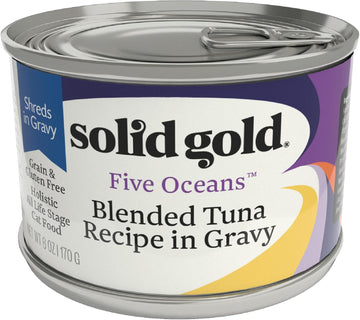 Solid Gold Wet Cat Food Shreds In Gravy - Canned Cat Food Made W/Real Tuna - Five Oceans Grain Free - 8Ct/6Oz Can