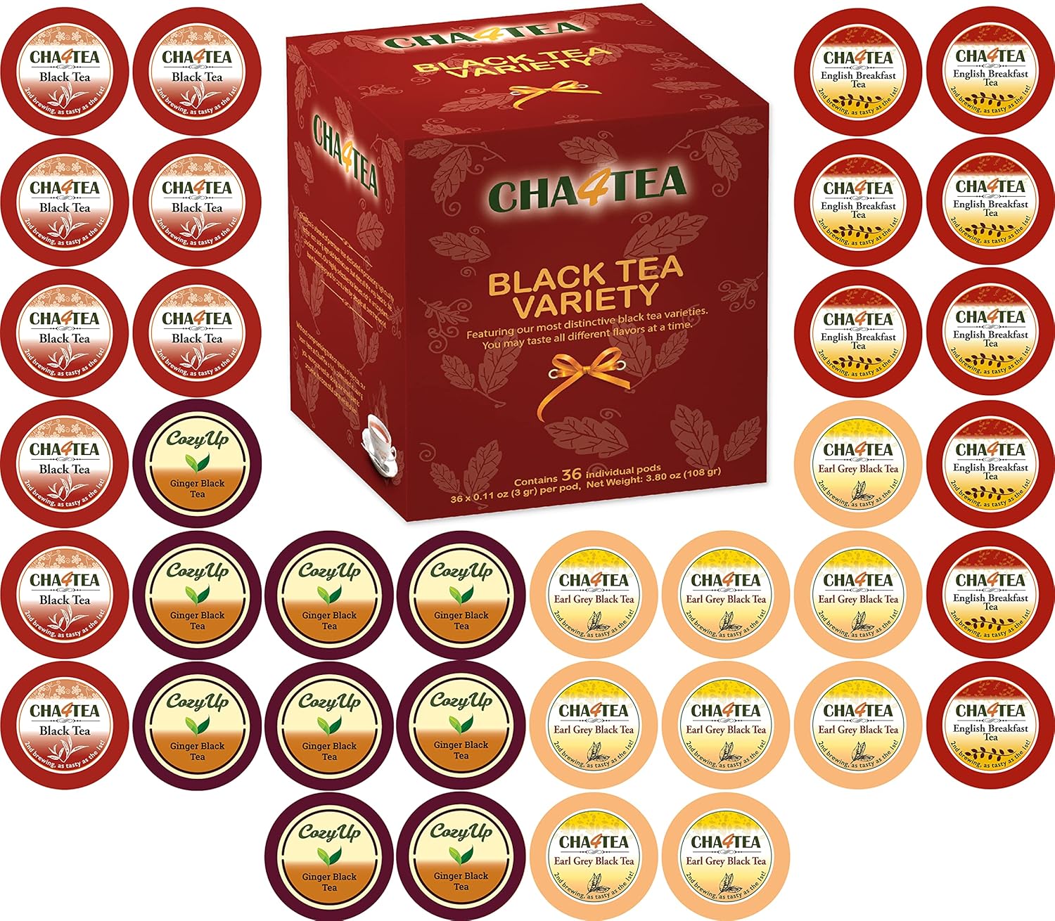 Cha4Tea 36-Count Assorted Black Tea Sampler For Keurig K-Cup Brewers (Black Tea, English Breakfast, Ginger Black Tea, Earl Grey)