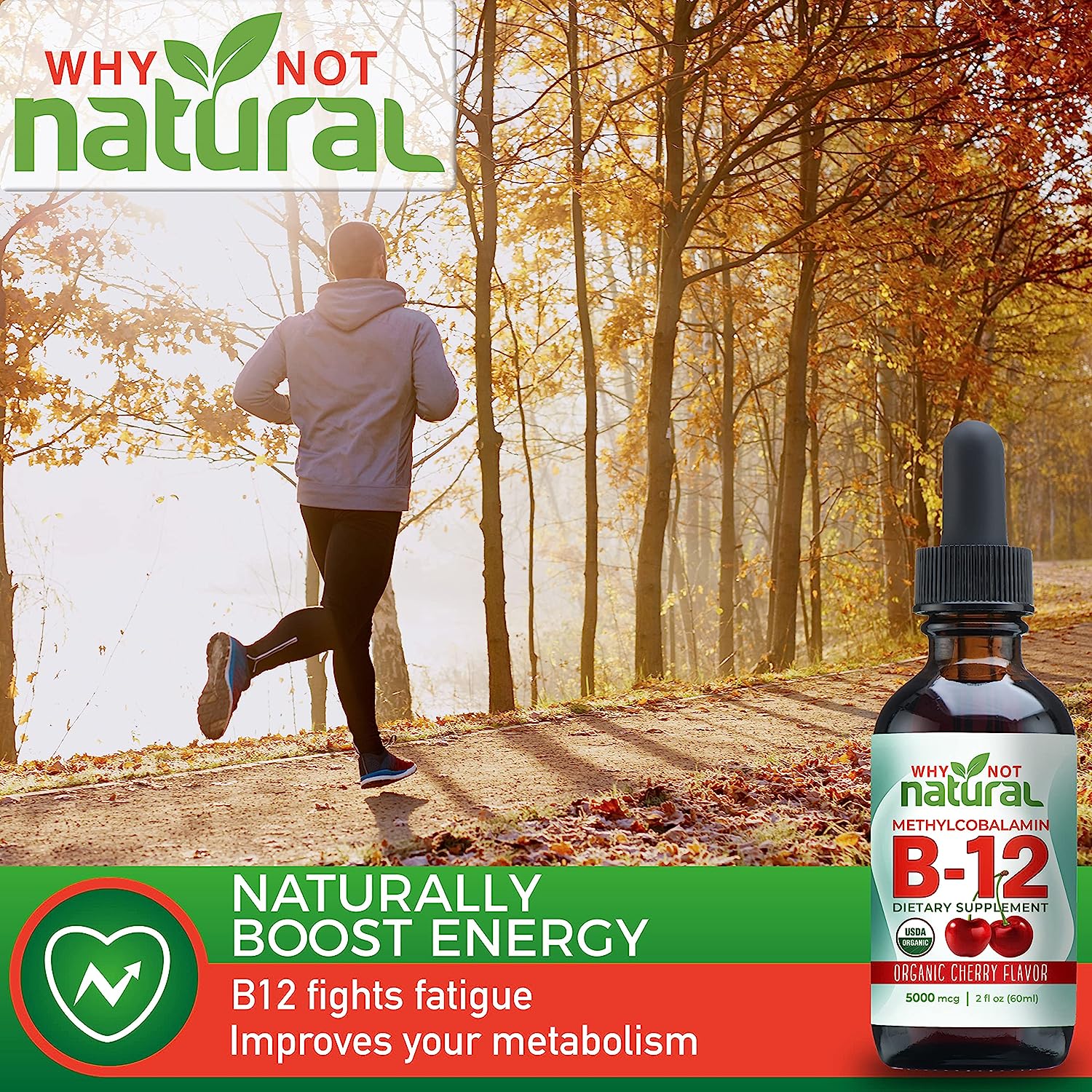 Why Not Natural Organic Vitamin B12 Liquid - Sublingual Extra Strength 60 x 5000 mcg Methylcobalamin Drops, Vegan, Maximize Absorption and Energy (Cherry) : Health & Household