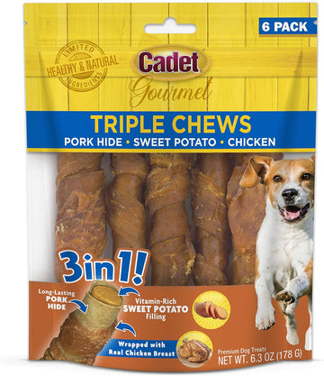 Cadet Gourmet Triple Chews Pork Hide, Sweet Potato, & Chicken Dog Treats - Healthy Dog Treats For Small & Large Dogs - Inspected & Tested In Usa (6 Count)