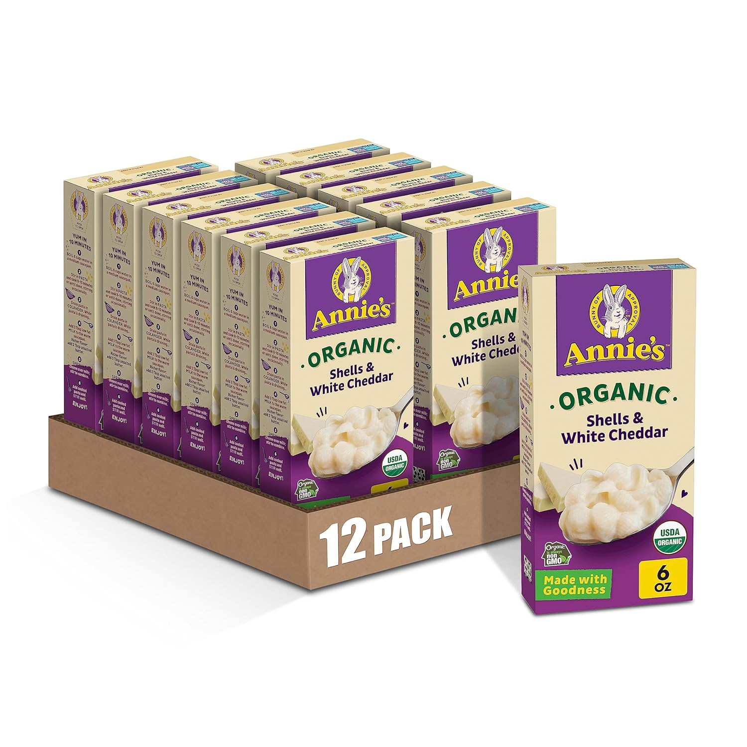 Annie'S Organic Macaroni And Cheese Shells, White Cheddar, 6 Oz. (Pack Of 12)