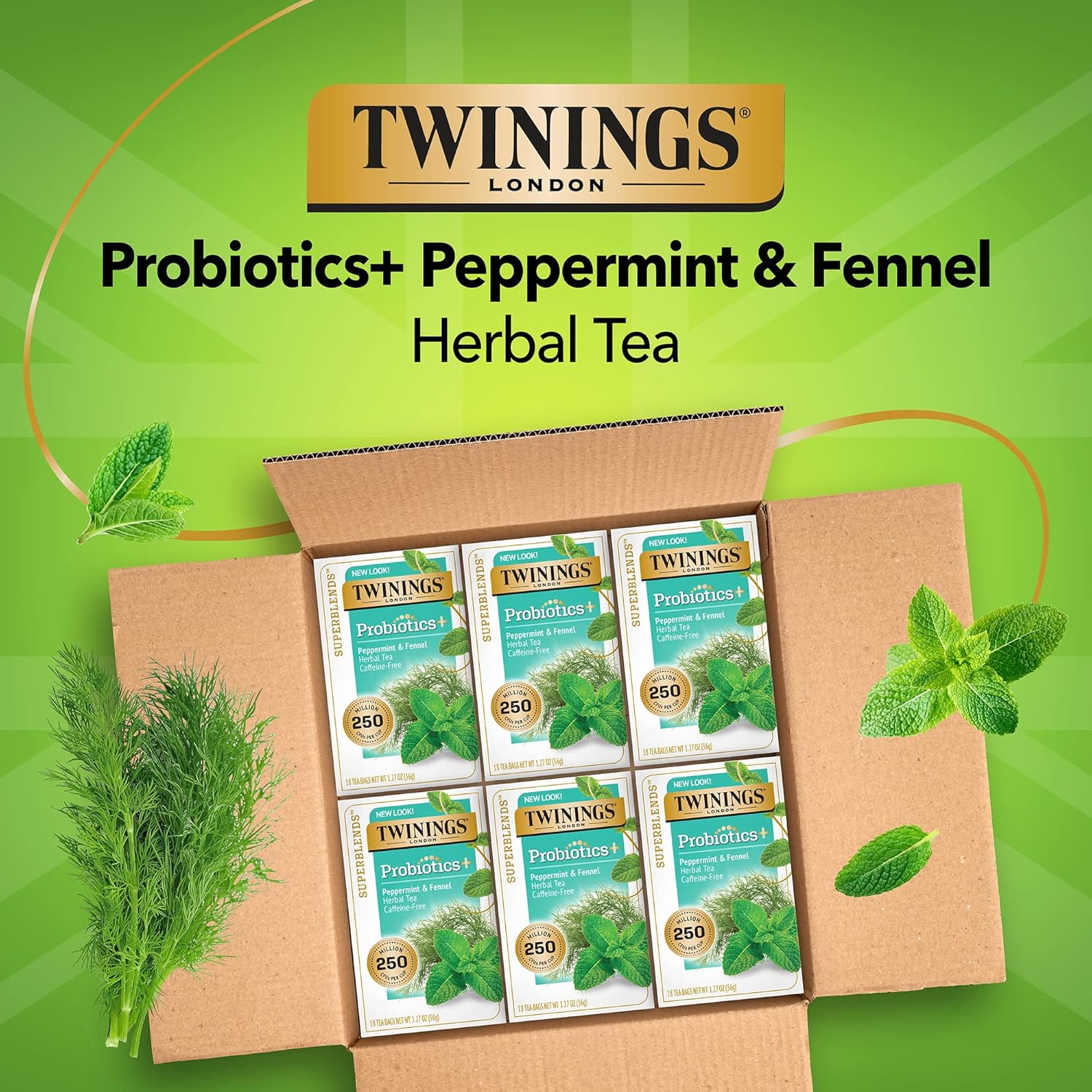 Twinings Superblends Probiotics+ Peppermint & Fennel Decaf Herbal Tea, 250 Million Cfus Per Cup, 18 Tea Bags (Pack Of 6), Enjoy Hot Or Iced