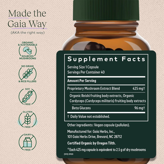 Gaia Herbs Respiratory Mushroom Blend - Immune Support Herbal Supplement To Help Maintain Overall Lung And Respiratory Health - With Reishi And Cordyceps* Mushrooms - 40 Vegan Capsules (40-Day Supply)