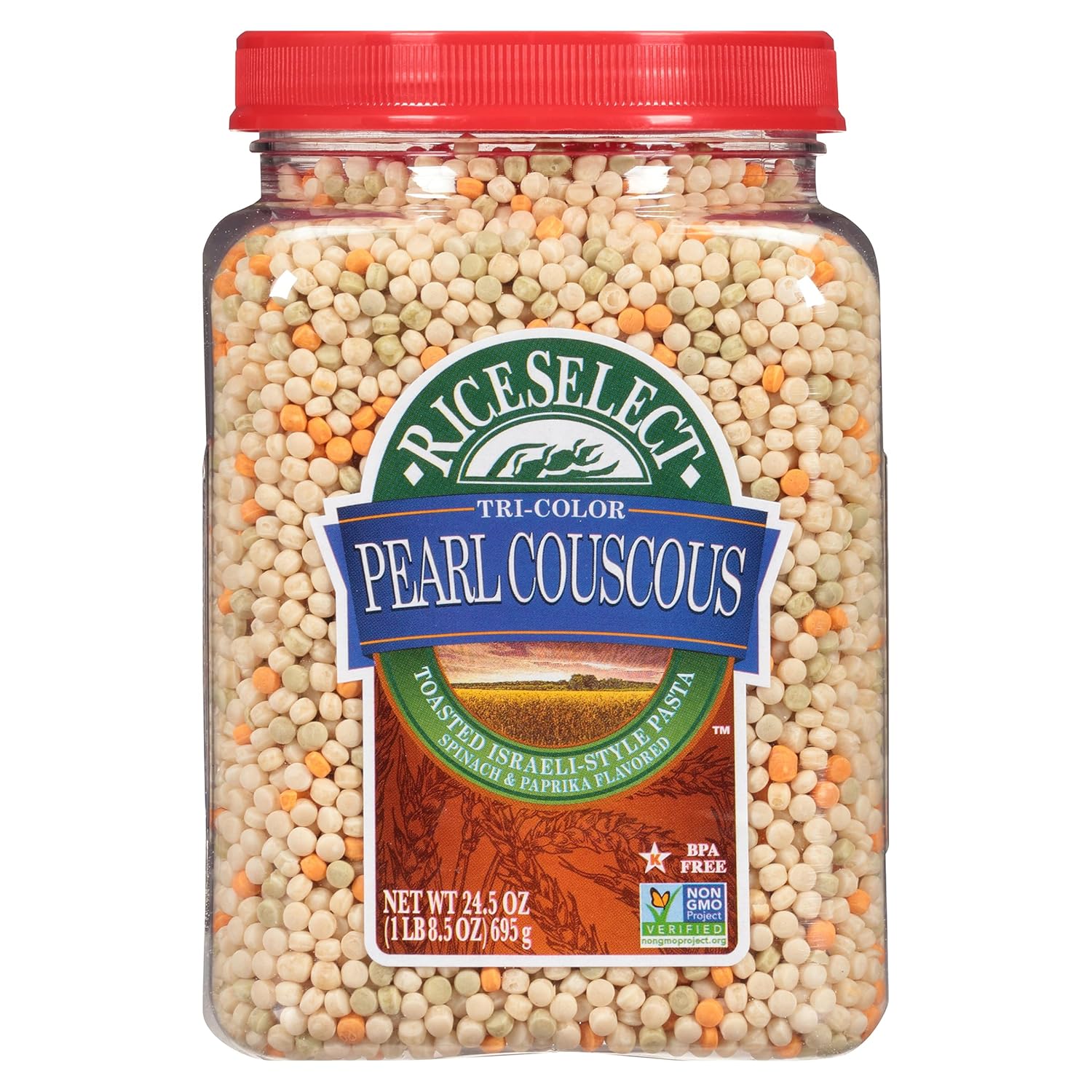 RiceSelect Tri-Color Pearl Couscous, Toasted Israeli-Style Pasta, Spinach and Paprika Flavored, 24.5 Ounce Jar (Pack of 1)