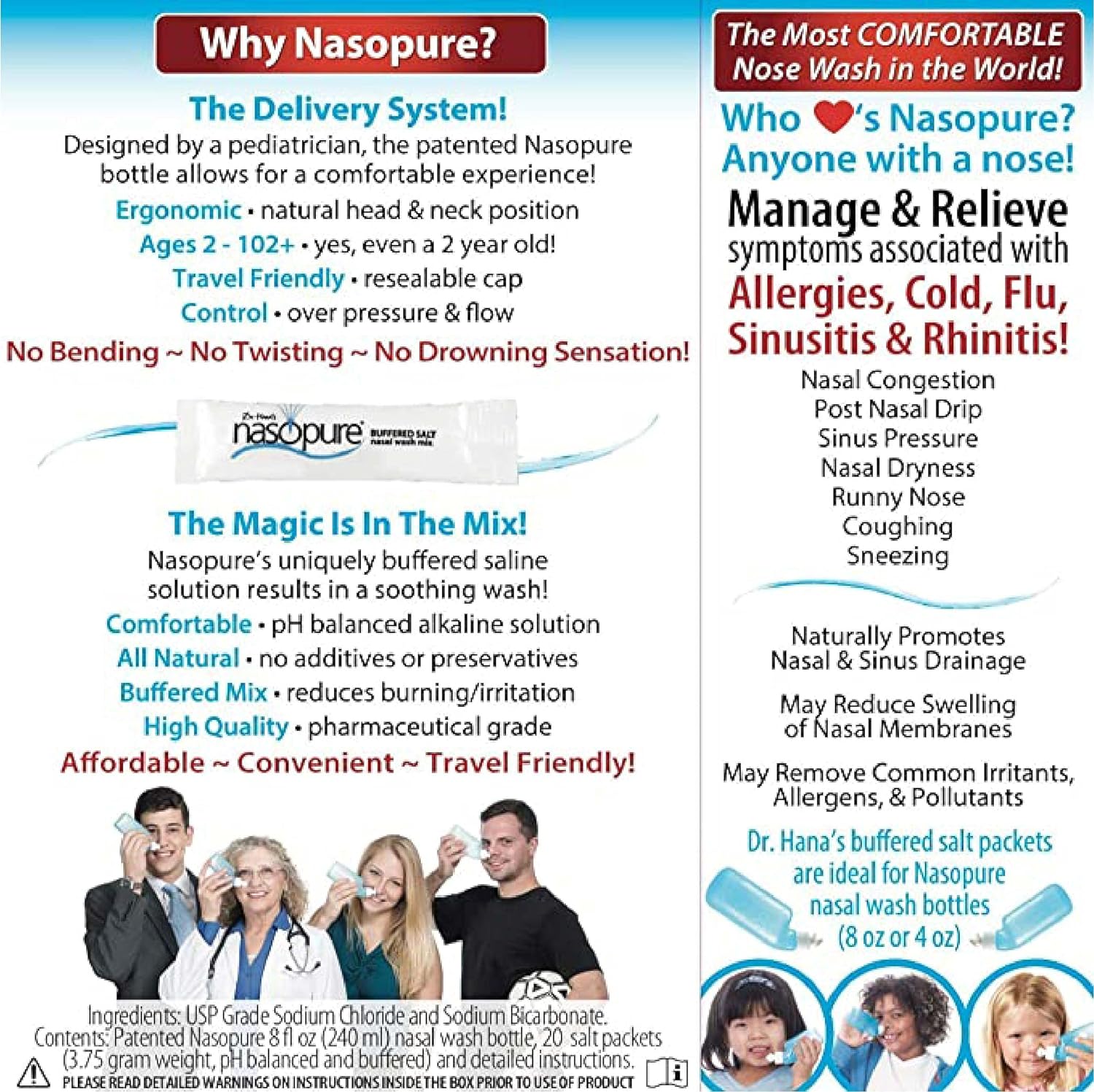 Nasopure Nasal Wash, System Kit, “The Nicer Neti Pot” Sinus Wash Kit, Comfortable Nasal Rinse 8 Oz Bottle & 20 Salt Packets (3.75 Grams Each), Nasal Congestion, Cold, Flu, Allergy, Nasal Irrigation : Health & Household