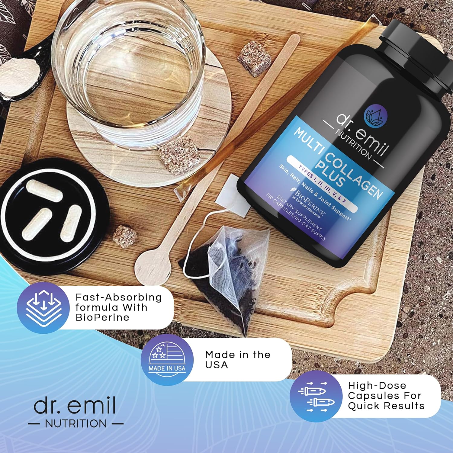 DR. EMIL NUTRITION Multi Collagen Pills - 180 Capsules - Collagen Supplements to Support Hair, Skin, Nails, & Joints - Hydrolyzed Collagen Supplements for Women with Types I, II, III, V & X : Health & Household
