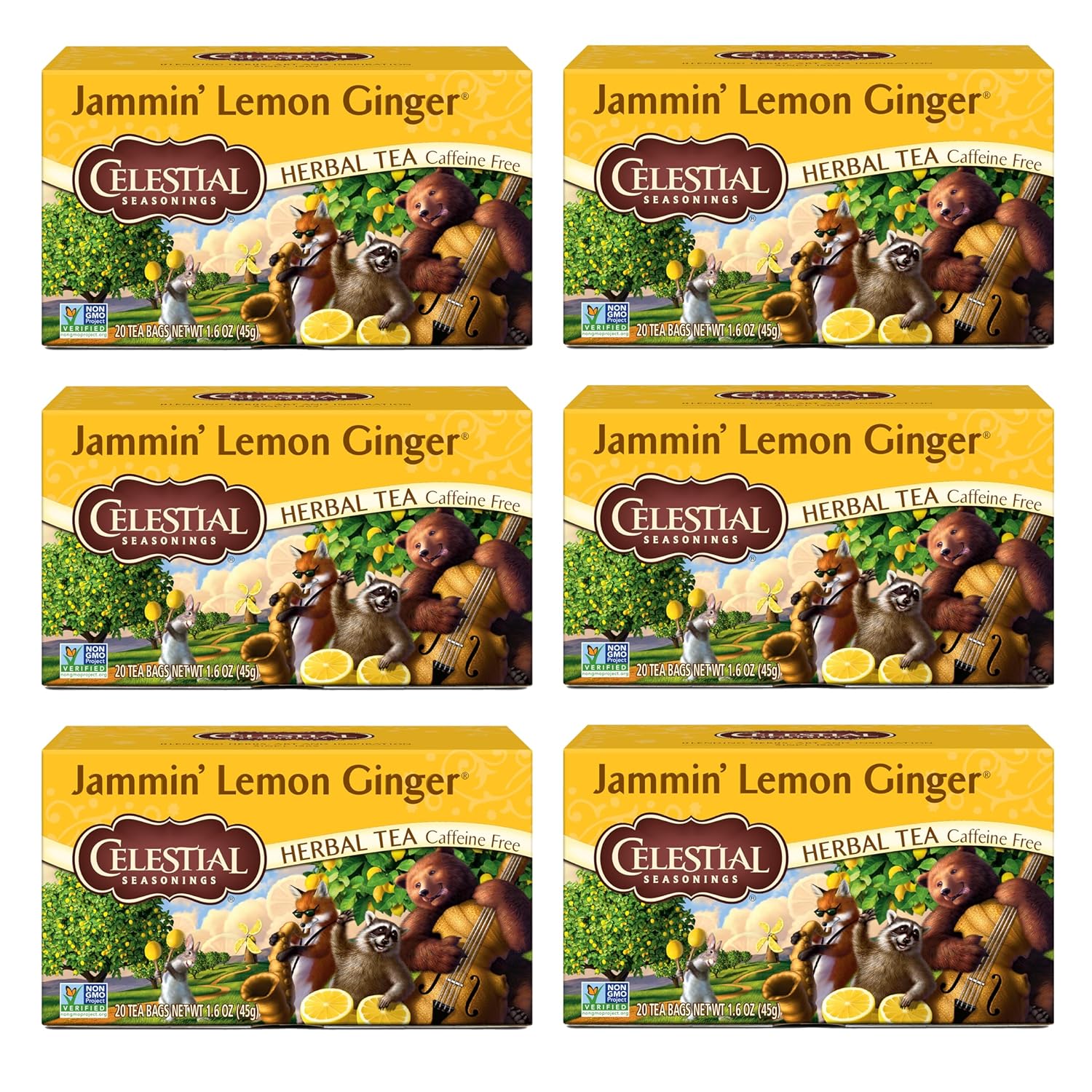 Celestial Seasonings Jammin' Lemon Ginger Herbal Tea, Caffeine Free, 20 Tea Bags Box, (Pack Of 6)