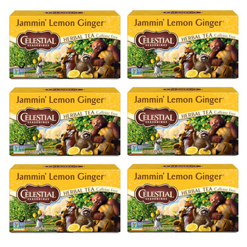 Celestial Seasonings Jammin' Lemon Ginger Herbal Tea, Caffeine Free, 20 Tea Bags Box, (Pack Of 6)