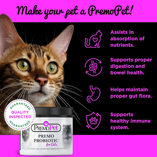 Probiotic For Cats – 120 Servings - Premo Pet – Digestive Aid Plus Prebiotics - Best For Diarrhea, Vomiting, Gas, Skin Conditions – Tasteless – Wheat & Dairy Free – Gmp – Vet Approved