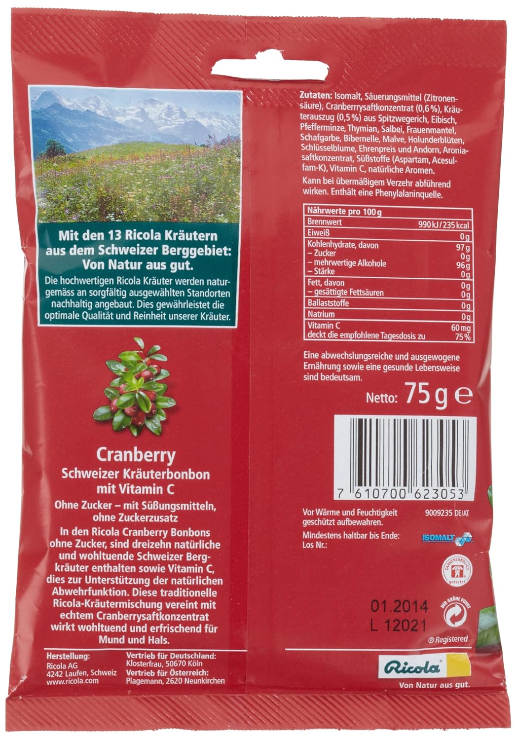 Ricola Cranberry Sugarfree Swiss herbal Bonbon (3 Bags each 75g) - fresh from Germany