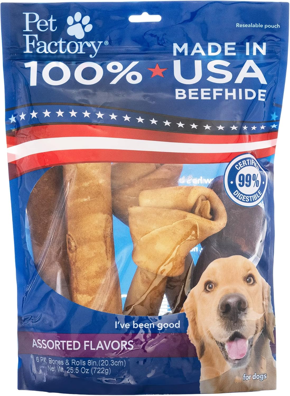 Pet Factory 100% Made In Usa Beefhide 8-9" Assorted (Bones & Rolls) Dog Chew Treats - Beef & Chicken Flavor, 6 Count/1 Pack