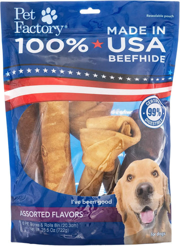 Pet Factory 100% Made In Usa Beefhide 8-9" Assorted (Bones & Rolls) Dog Chew Treats - Beef & Chicken Flavor, 6 Count/1 Pack