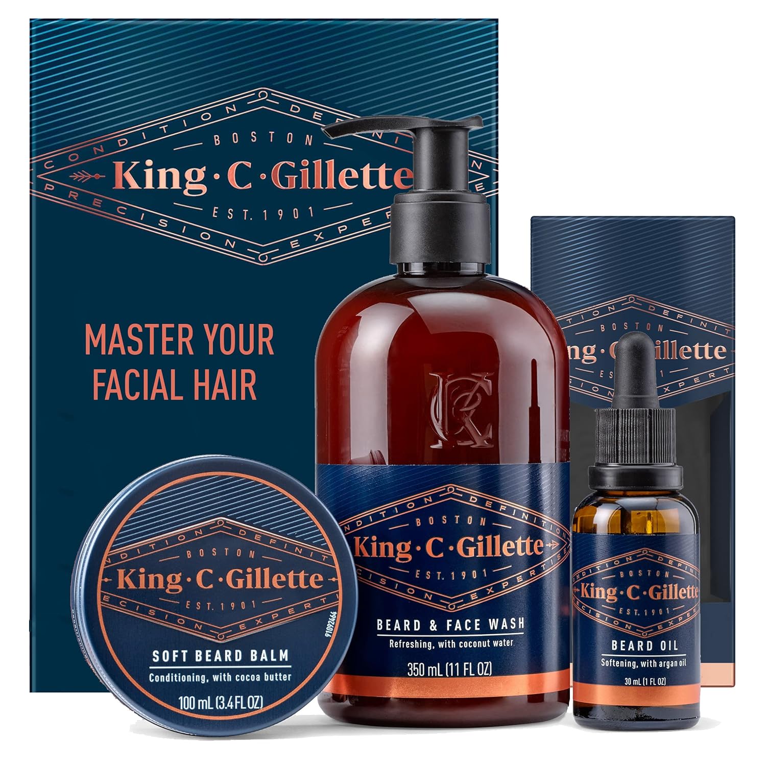 King C. Gillette Soft Beard Balm, Deep Conditioning With Cocoa Butter, Argan Oil And Shea Butter With Beard Wash, Mens Face Wash, 11 Oz, Cleanse Hair And Skin & Beard Oil, Infused With Almond Oils