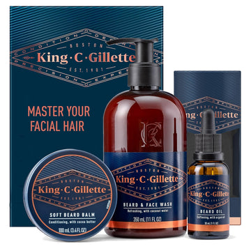 King C. Gillette Soft Beard Balm, Deep Conditioning With Cocoa Butter, Argan Oil And Shea Butter With Beard Wash, Mens Face Wash, 11 Oz, Cleanse Hair And Skin & Beard Oil, Infused With Almond Oils