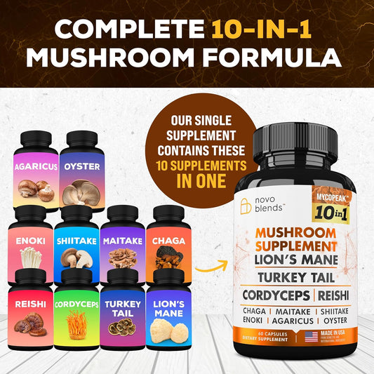 Mushroom Supplement 10X Complex - Lions Mane, Turkey Tail, Cordyceps, Reishi, Chaga, Maitake, Shiitake, Oyster Extract Mushrooms - Nootropic Brain Support Supplements For Memory And Focus