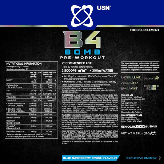 USN B4 Bomb Energy Drink Powder, Blue Raspberry - 180g, with Vitamin B12 & B6, Creatine, Caffeine & Zynamite for Stamina & Explosive Energy, Glucose Free, No Added Sugar, Quality Dietary Supplement : Amazon.co.uk: Health & Personal Care