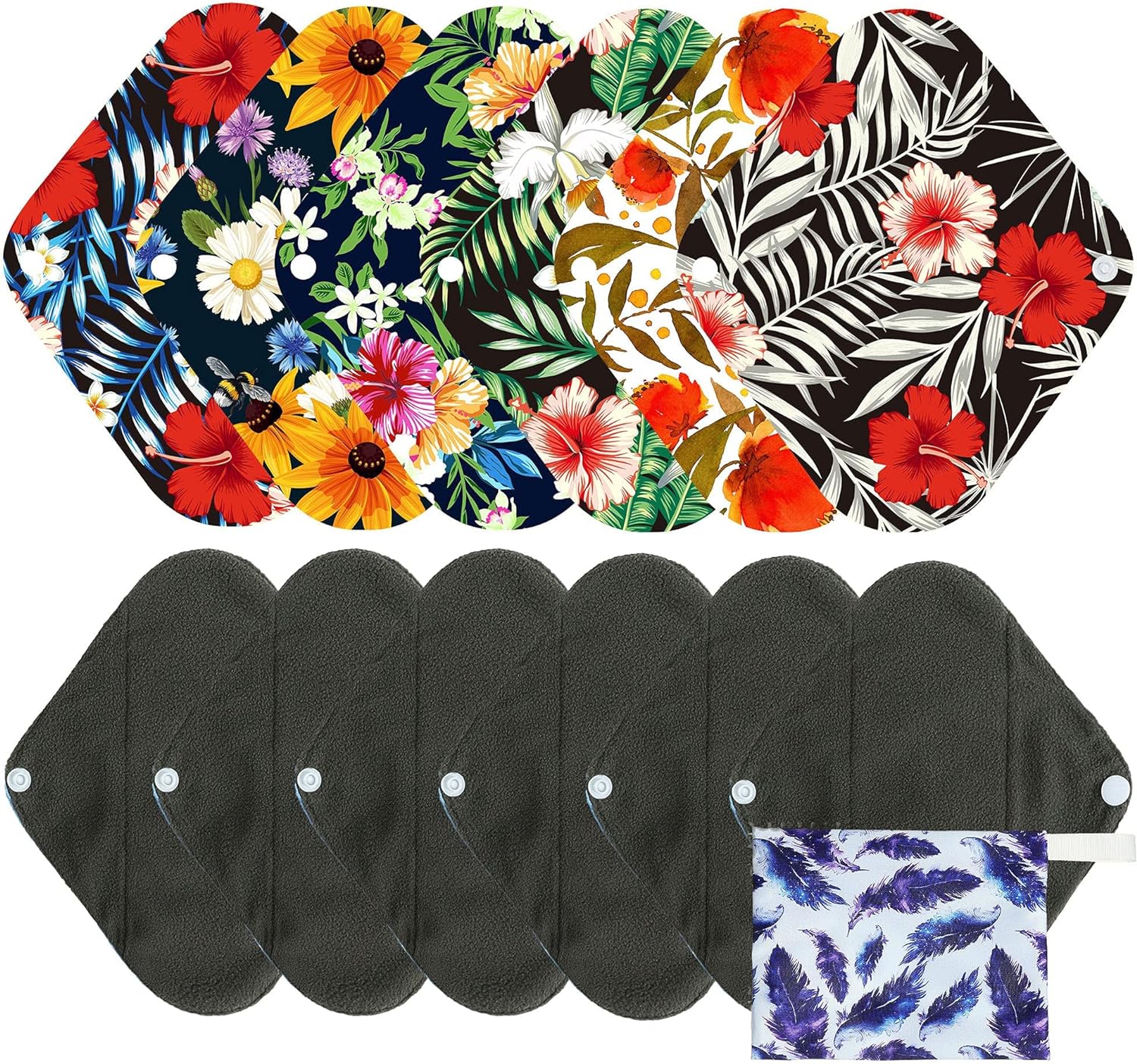 7pcs Pack Cloth Pads Including 1pc Mini Wet Bag +6pcs Bamboo Charcoal Cloth Reusable Menstrual Pads/Reusable Sanitary Pads/Mama Panty Liners (All Randomly Prints)