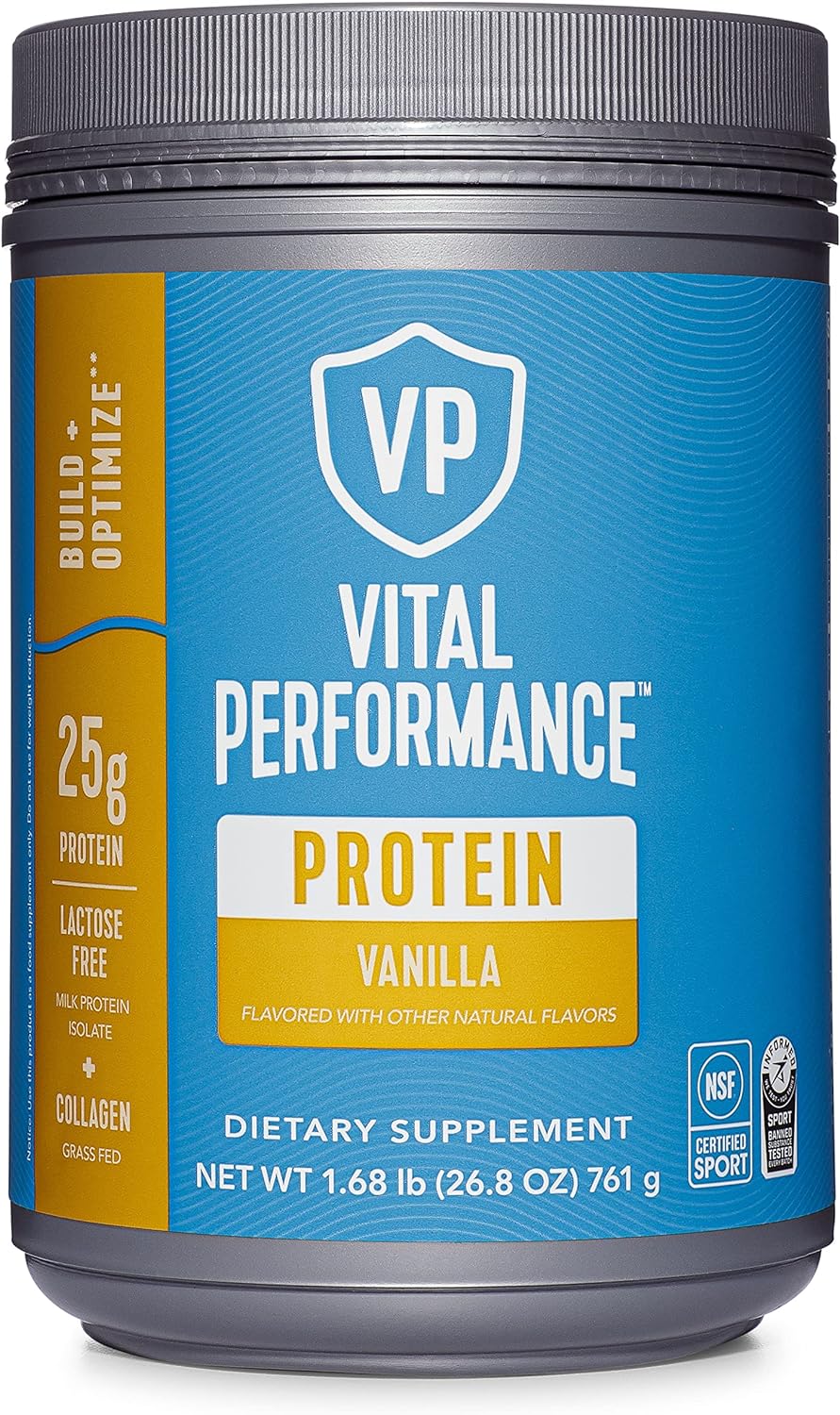 Vital Performance Protein Powder, 25g Lactose-Free Milk Protein Isolate Casein & Whey Blend, NSF for Sport Certified, 10g Grass-Fed Collagen Peptides, 8g EAAs, 5g BCAAs, Gluten-Free Vanilla, 1.68lb