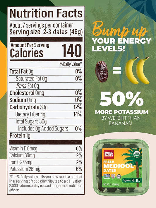 Natural Delights Medjool Dates - Jumbo Usda Certified Organic Pitted Dates Medjool, Non-Gmo Verified, Good Source Of Fiber, Naturally Sweet Fruit Snack, Perfect For On-The-Go - Organic Medjool Dates Pitted, 12 Oz Container