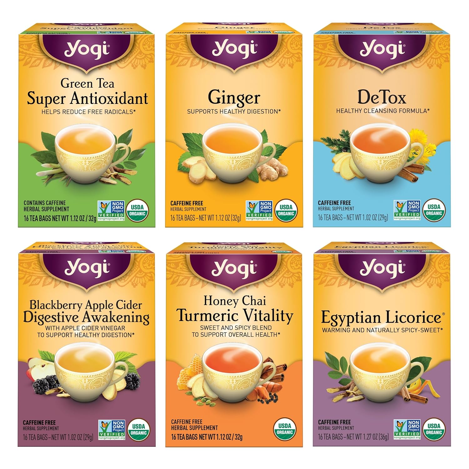 Yogi Tea Digestion & Detox Variety Pack - 16 Tea Bags Per Pack (6 Packs) - Detox Cleanse Tea & Digestive Tea - Includes Ginger Tea, Detox Tea, Green Tea Super Antioxidant Tea & More