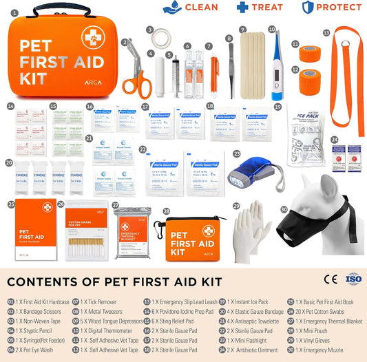 Dog First Aid Kit | Vet Approved Dog & Cat Emergency Supplies With Thermometer, Muzzle, Tick Removal, Flashlight, Mini Pouch, And Comprehensive Care Guide For Travel And Outdoor Use