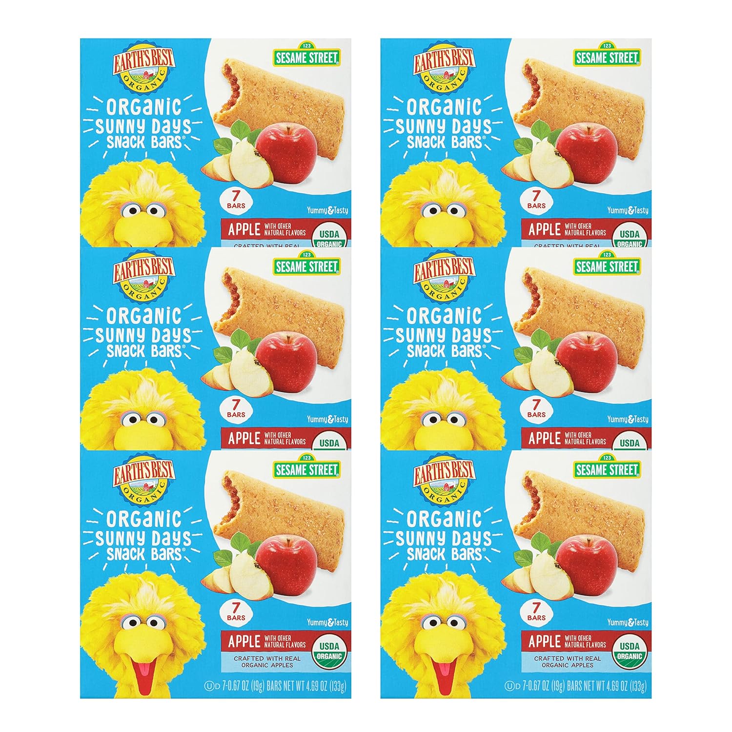 Earth'S Best Organic Kids Snacks, Sesame Street Toddler Snacks, Organic Sunny Days Snack Bars For Toddlers 2 Years And Older, Apple With Other Natural Flavors, 7 Bars Per Box (Pack Of 6)