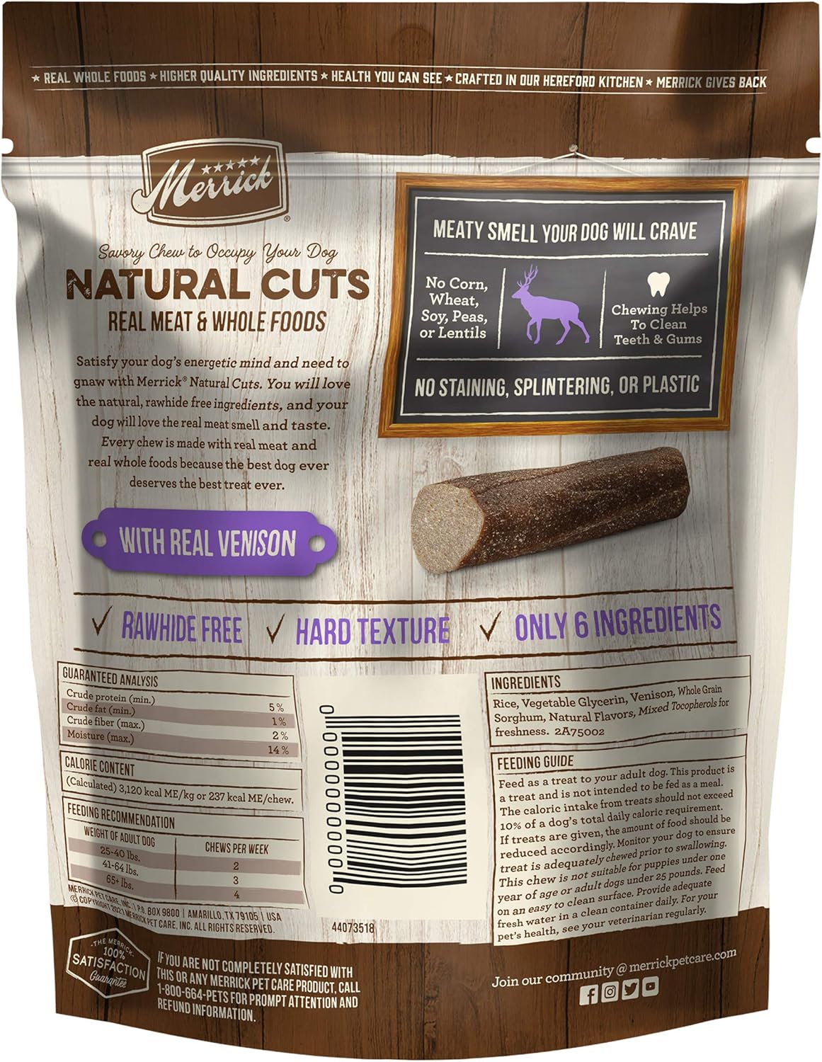 Merrick Natural Cuts Chicken Free Non Rawhide Medium Dog Treats, Hard Texture Chew Sticks With Venison - 4 ct. Pouch : Pet Supplies