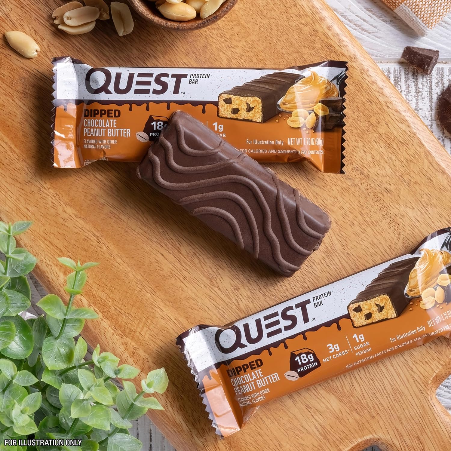 Quest Nutrition Dipped Chocolate Peanut Butter Protein Bars, 18g Protein, 1g Sugar, 3g Net Carbs, Gluten Free, 12 Count