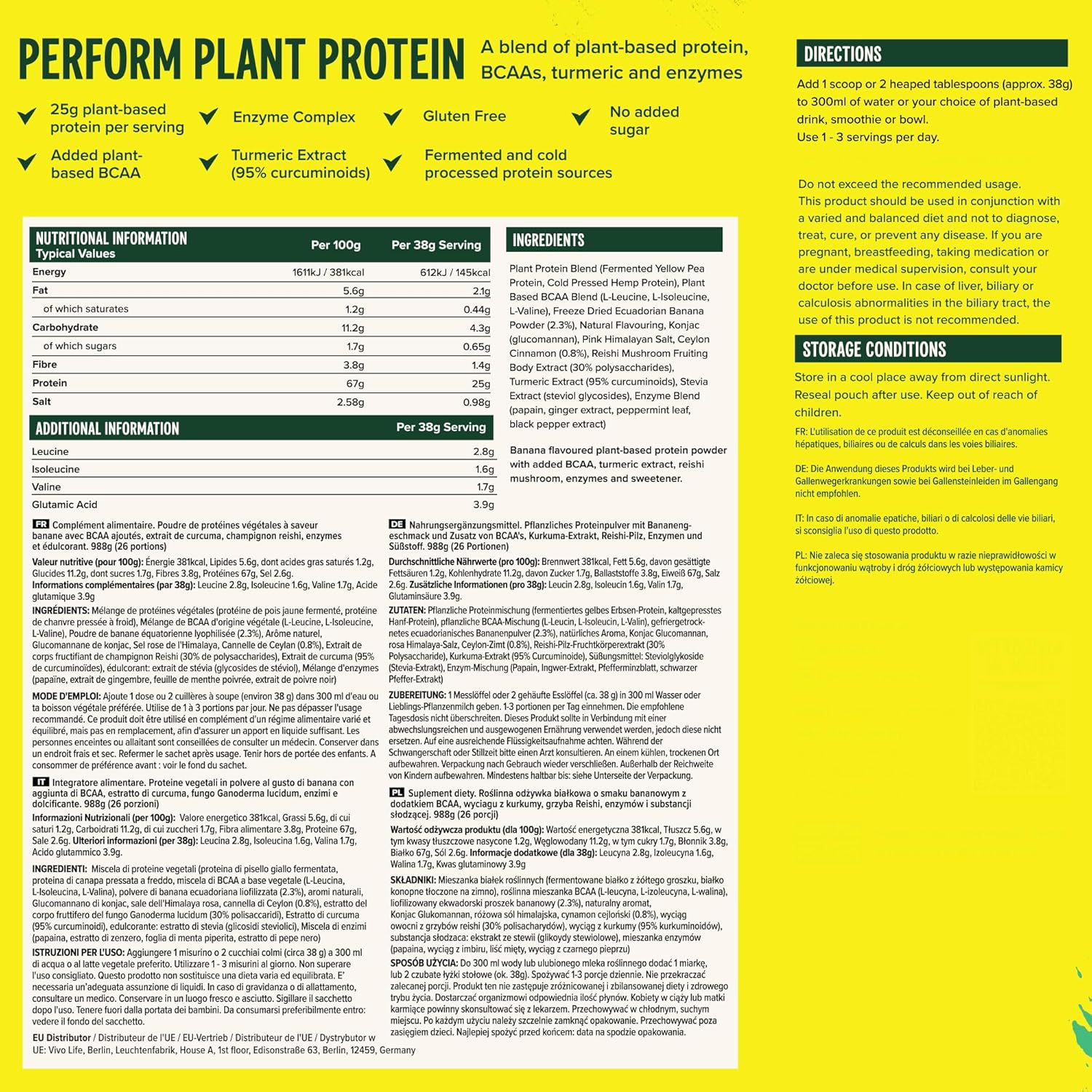 Buy Vivo Life Perform Plant Protein Powder - Vegan Banana & Cinnamon, 26 Servings - 988G (34.85Oz) - Pea & Hemp Protein Blend With Bcaa On  Free Shipping On Qualified Orders