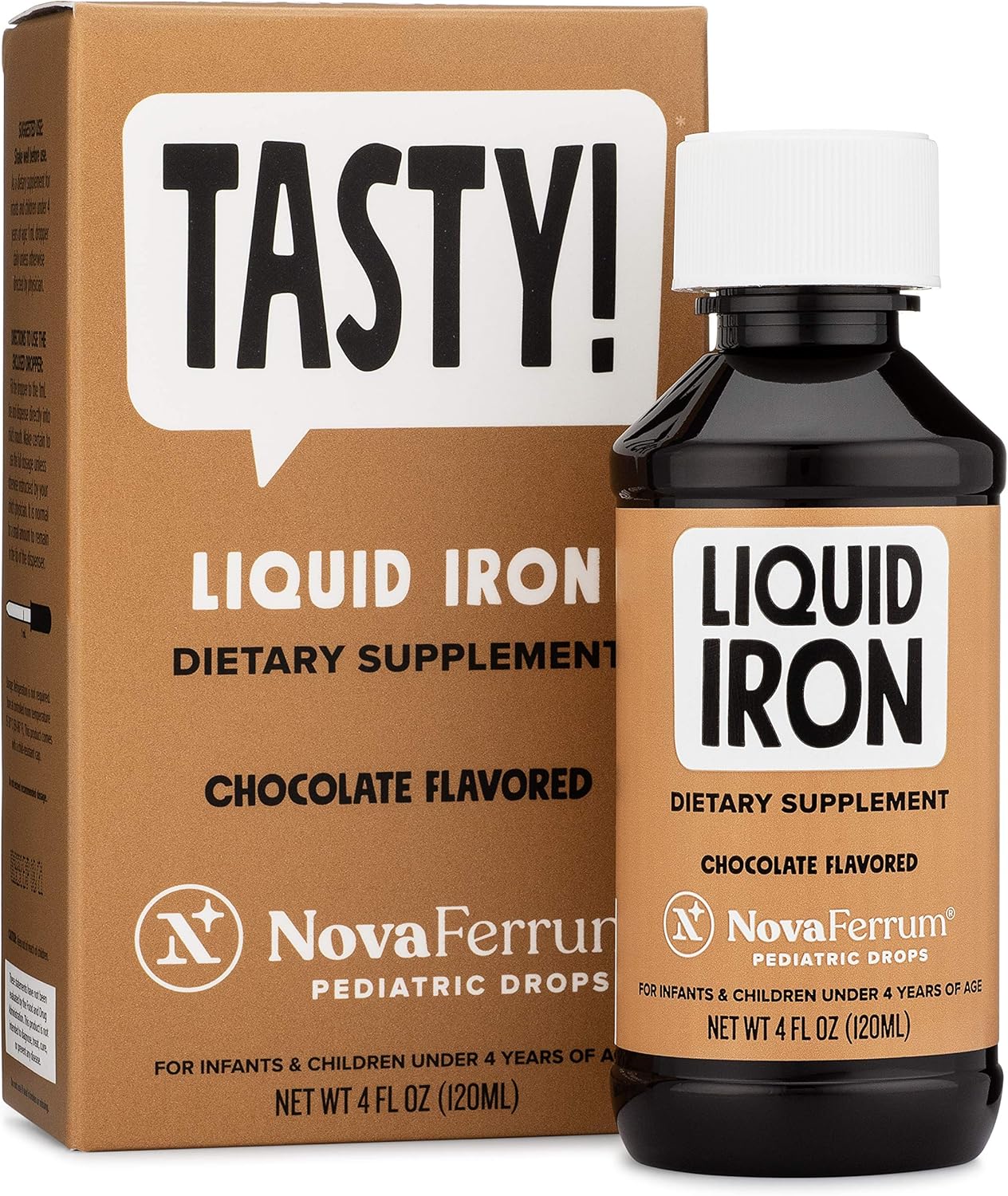 Novaferrum Tasty | Pediatric Drops Liquid Iron Supplement For Infants, Toddlers & Kids | 15Mg Of Iron Per 1Ml Dose | Ages 4 & Under | Gluten Free | Sugar Free | Chocolate Flavored | 120 Servings