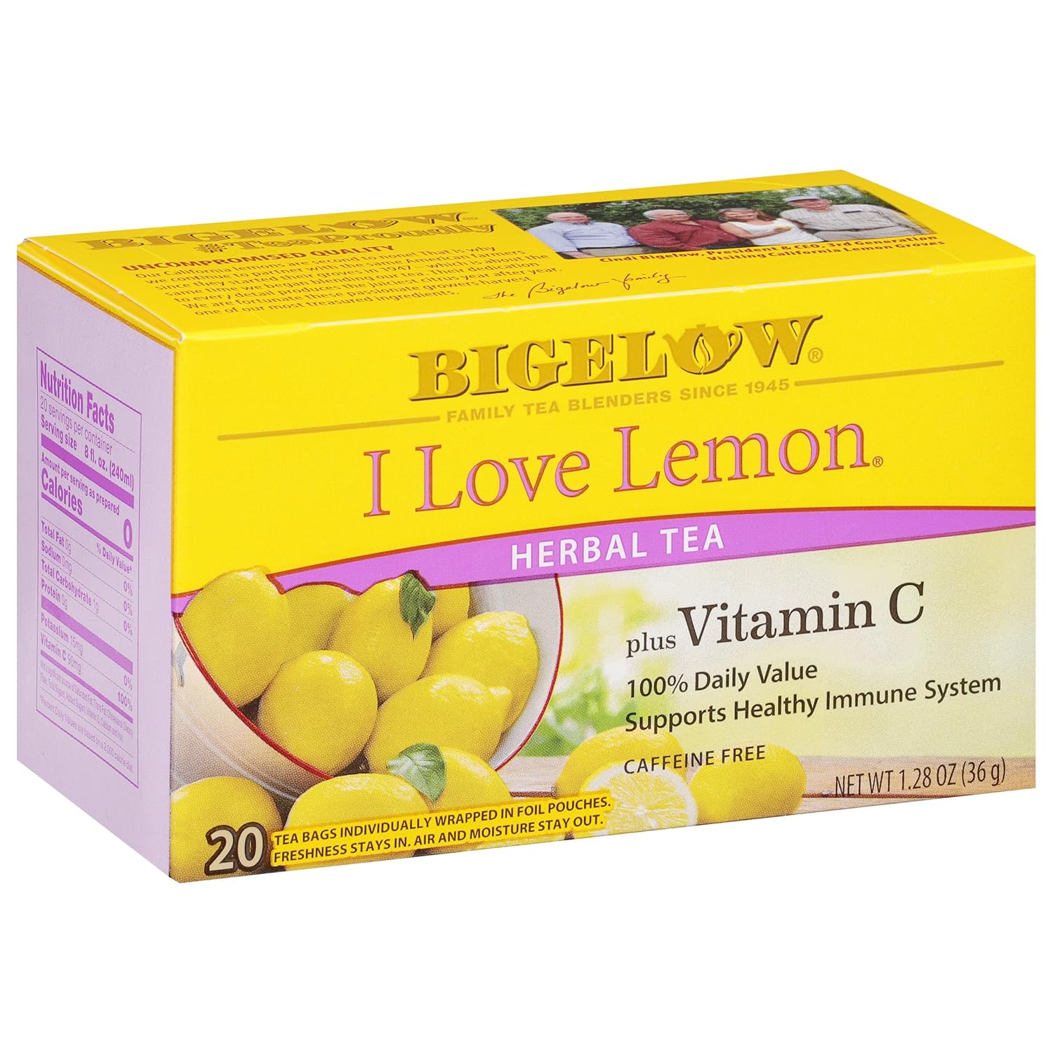 Bigelow Tea I Love Lemon With Vitamin C Herbal Tea, Caffeine Free Tea With Lemon, 20 Count Box (Pack Of 6), 120 Total Tea Bags