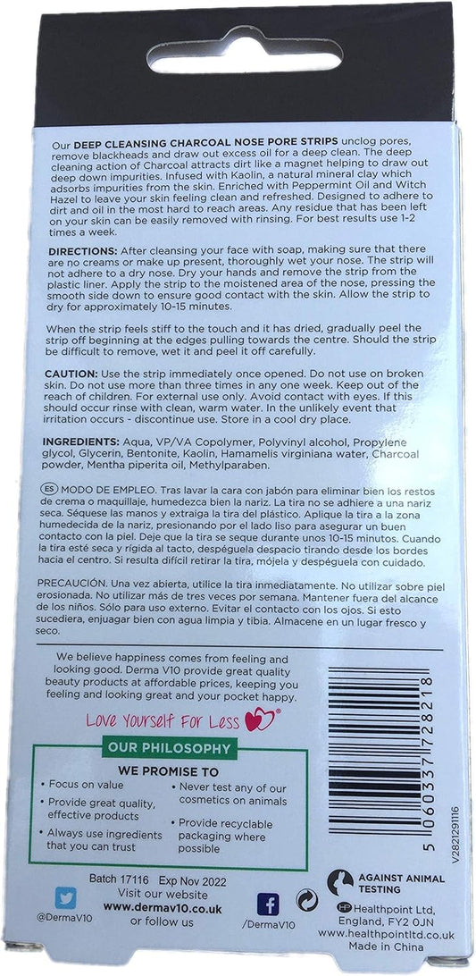 Derma V10 Deep Cleansing Charcoal Nose Pore Strips Blackhead Removal (Twin)