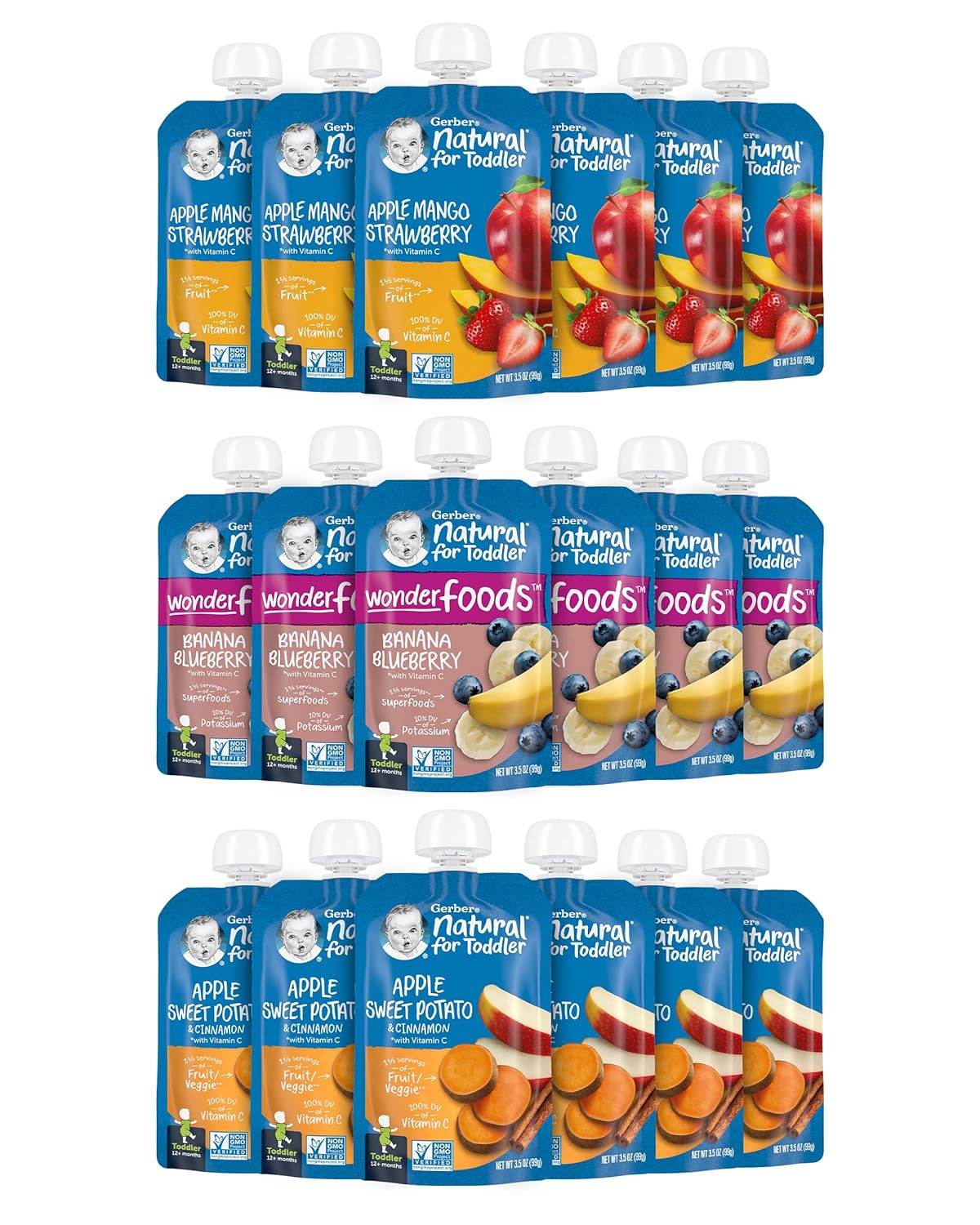 Gerber Baby Food Pouches, Toddler 12+ Months, Assorted Fruit Variety Pack, 3.5 Ounce (Set Of 18)