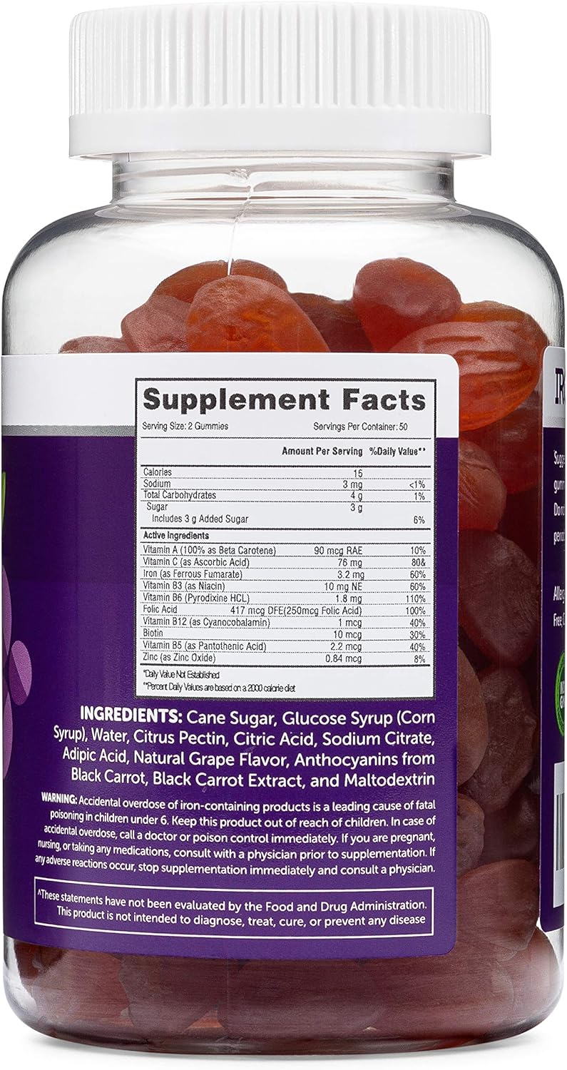 Iron Gummies For Adults And Kids, Chewable Multivitamin Supplement With Iron, Vitamin C, A, B, Zinc, Folic Acid, And Biotin (Grape Flavored) Vegan Safe, Made In The Usa From Herbatech