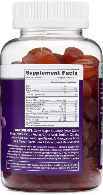 Iron Gummies For Adults And Kids, Chewable Multivitamin Supplement With Iron, Vitamin C, A, B, Zinc, Folic Acid, And Biotin (Grape Flavored) Vegan Safe, Made In The Usa From Herbatech