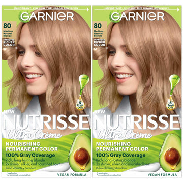 Garnier Hair Color Nutrisse Nourishing Creme, 80 Medium Natural Blonde (Butternut) Permanent Hair Dye, 2 Count (Packaging May Vary)