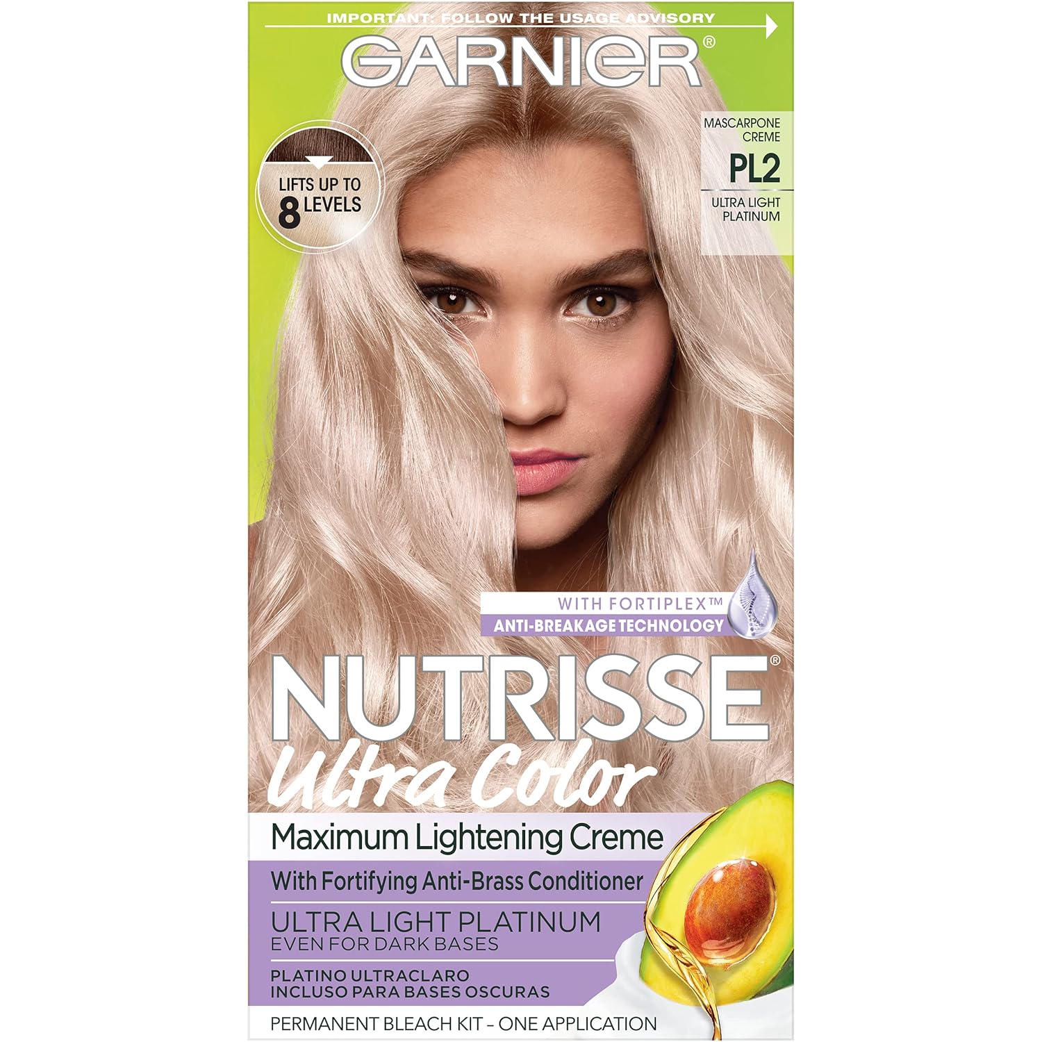 Garnier Hair Color Nutrisse Ultra Color Nourishing Creme, Pl2 Ultra Light Platinum (Mascarpone Crème) Permanent Hair Dye, 1 Count (Packaging May Vary)