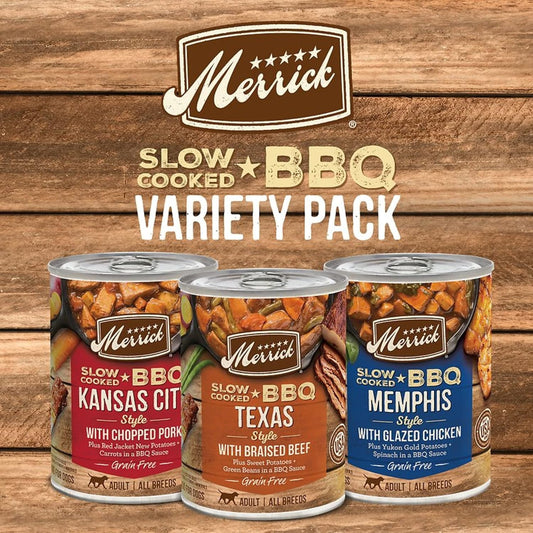 Merrick Slow-Cooked Bbq Premium Real Meat Canned Wet Dog Food Variety Pack, Beef, Chicken And Pork Recipes - (Pack Of 1) 9.5 Lb. Cans